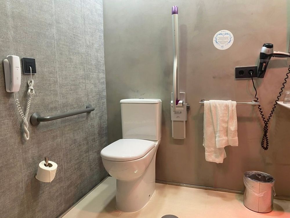 A hotel bathroom toilet with a fold-down support arm with purple grips on one side, a fixed grab bar on the other, and a wall-mounted phone within reach.