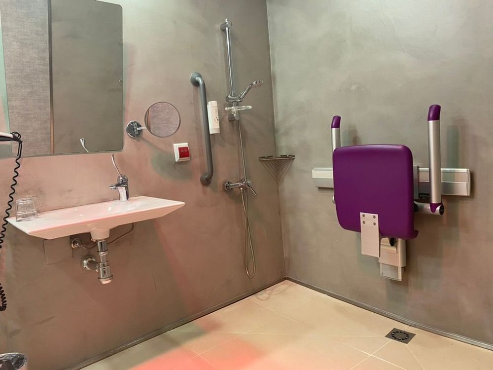 A level-floor shower area with a hand shower on a rail, a grab bar, a fold-down purple shower seat with armrests, and a wall-hung washbasin next to it.