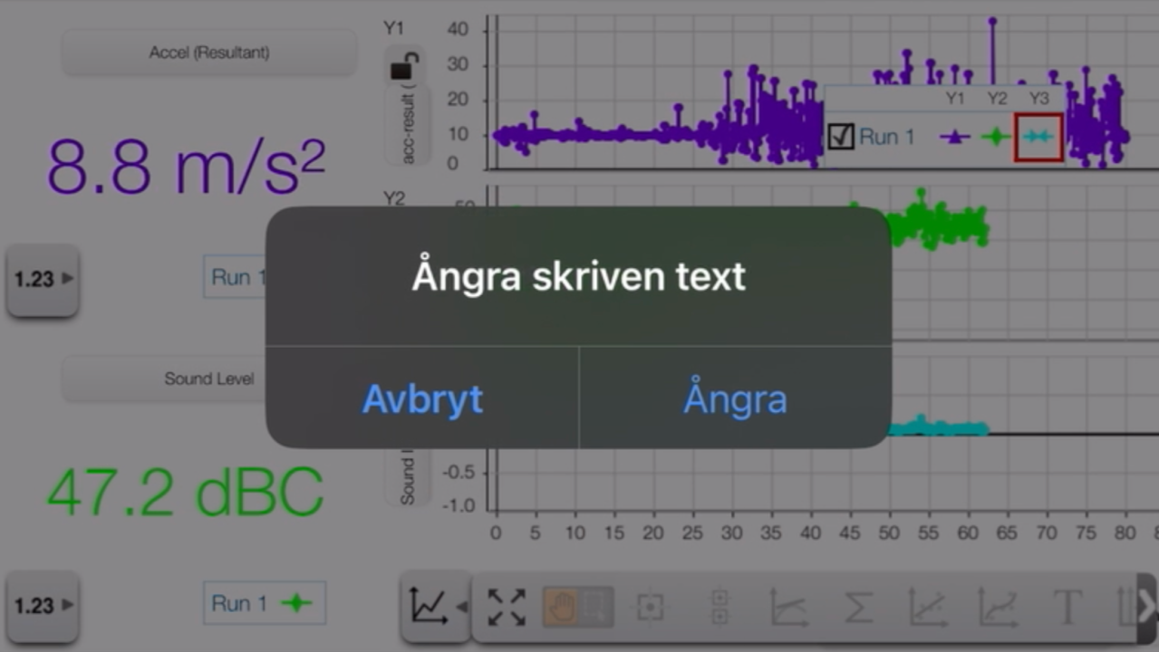 Screenshot of the SparkVue app from the walk, showing intense vibration graphs covered by an iPhone "Shake to Undo" prompt.